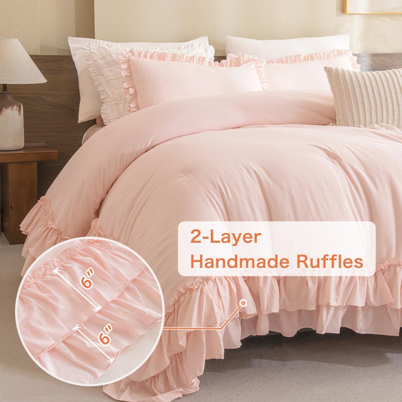 Masaca مجموعة لحاف Masaca Blush Pink، طقم لحاف سرير كوين فارمهاوس شابي بوهو شيك عتيق ريفي ناعم من الألياف الدقيقة أسفل طقم لحاف سرير بديل 3 قطع (1 لحاف مكشكش و2 كيس وسادة) - Image 3